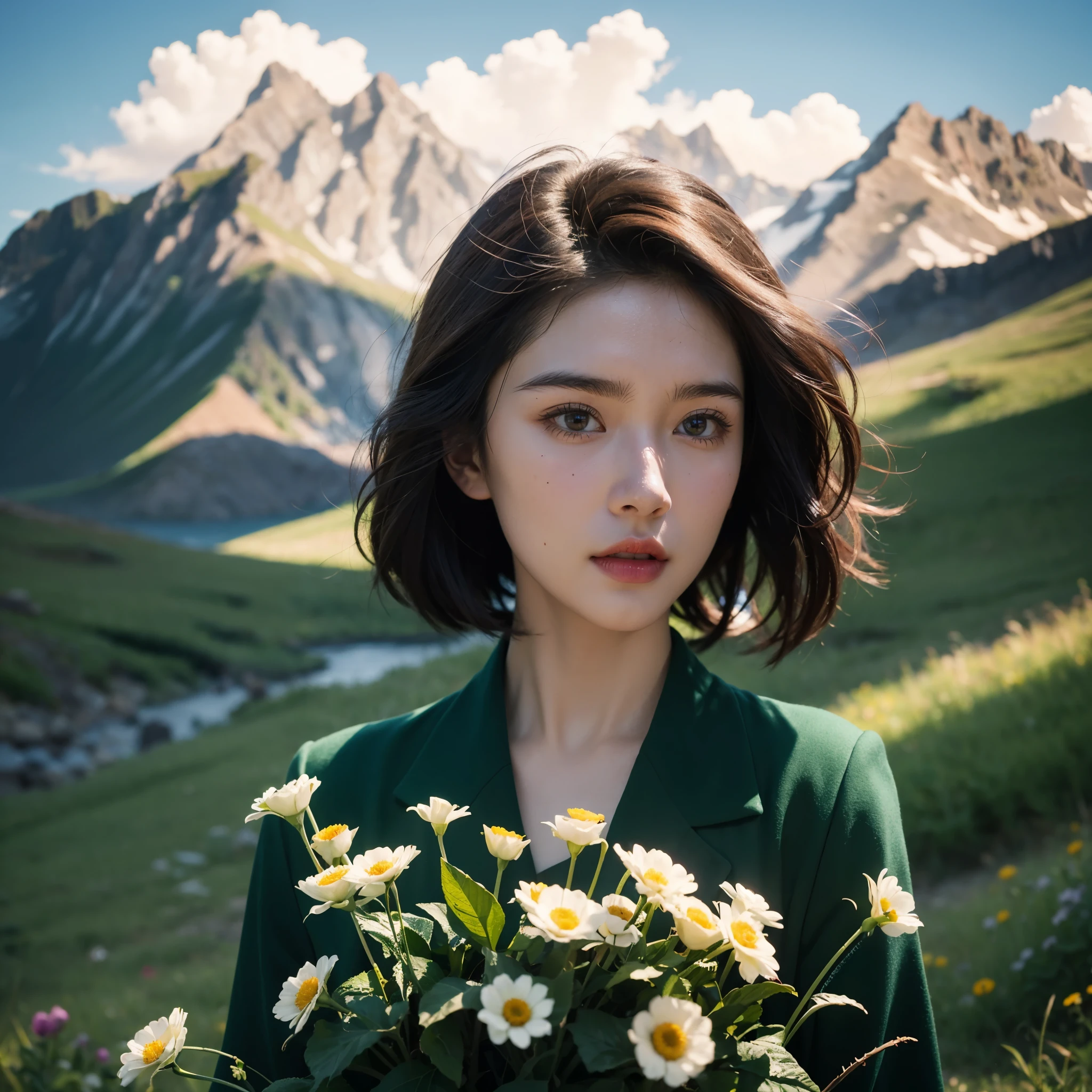 1 girl, Mountain, flowers, Grass, bright colors, (best quality, masterpiece, official art, professional, unified 8k wallpaper:1.3), (actual, photoactual, original photo:1.4), (Beautiful and beautiful, Very detailed, human development report, ultra high definition), hard shadow, soft light, rim light, lens, dramatic lighting, (looking at the audience:1.2)