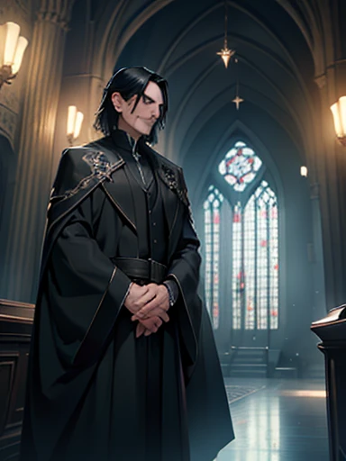 Severus Snape, with dark expression, shoulder-length black hair, wizard's robe, black Extremely long robe, black clothing, adult, old man, 35 years old, thin, detailed eyes, Shoulder-length black hair, dark brown eyes, no beard, polite expression, professional pose, aesthetic, detailed design, (aesthetic, best quality:1.2), highres, extremely detailed CG unity 8k wallpaper, perfect lighting, Dark, ultra-high res,4K,ultra-detailed, photography, 8K, HDR, highres fields background, indoor background, Wizarding world, old English magical castle