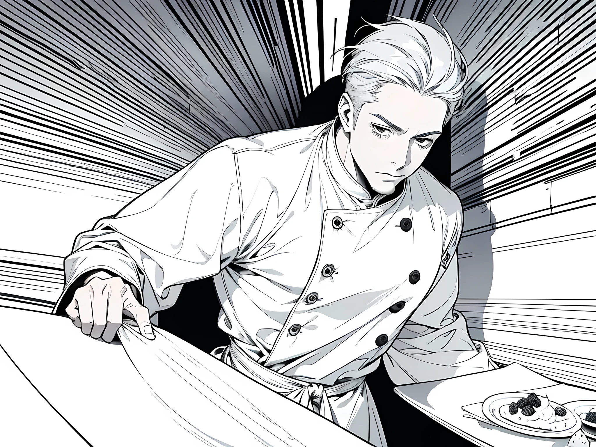 1 man, chef, gray hair, doing his work, the background is white, monochrome (clear line, lineart)