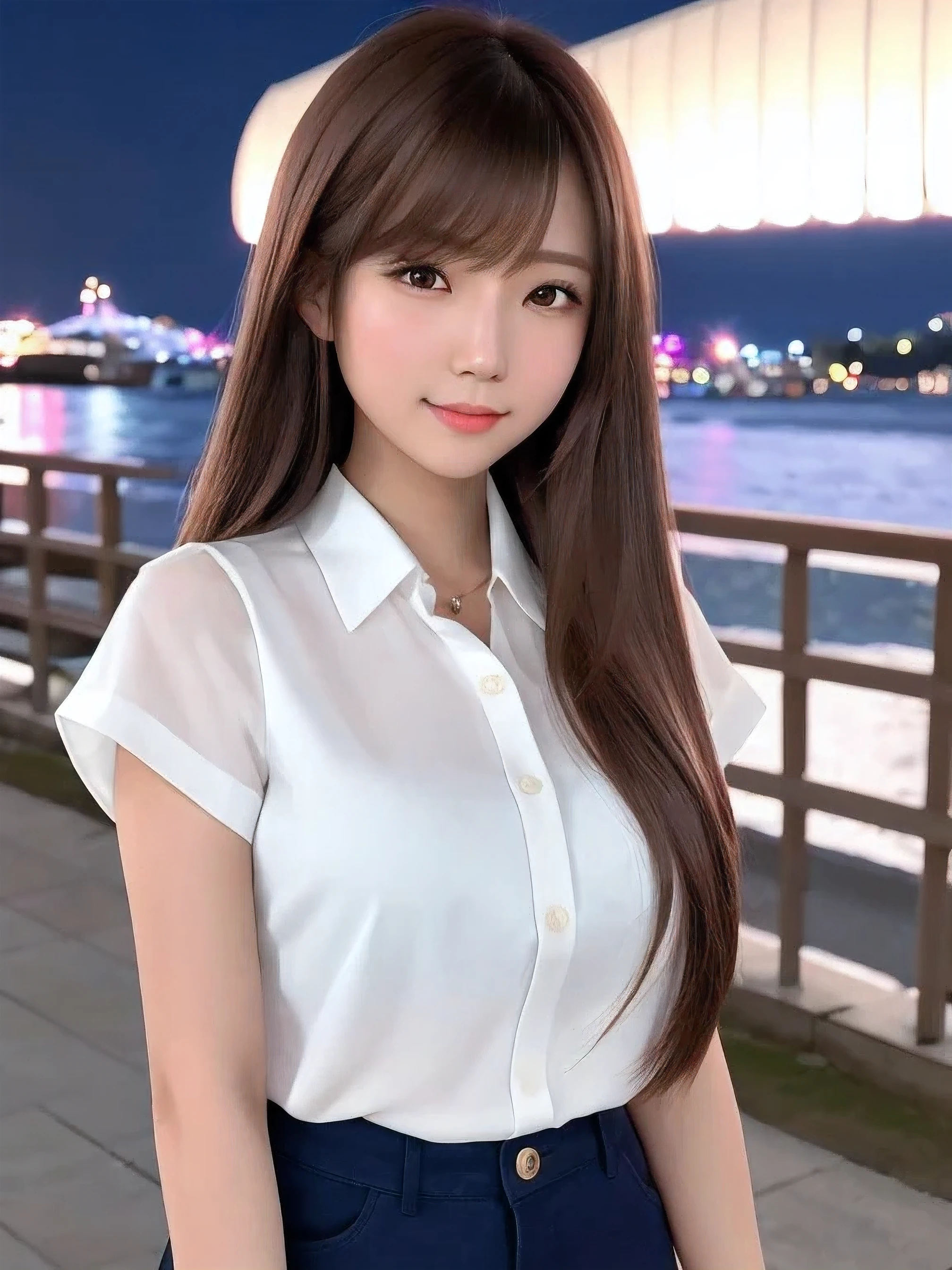 product quality, 1 girl per 1 photo, upper body shot, front view, a Japanese young pretty girl, long bob hair, wearing a marriage ring, night time, wearing a short sleeves collared pink blouse, wearing light brown pants, standing at a crowded wharf with a big smile, staring at the night view over the sea, a shoulder bag, hyper cute face, glossy lips, double eyelids for both eyes, natural makeup, shiny smooth light brown hair of long bob hair, asymmetrical bangs, tanned skin, central image, 8K resolution, high detail, detailed hairstyle, detailed face, cinematic lighting, octane rendering, hyper realistic, perfect limbs, perfect anatomy