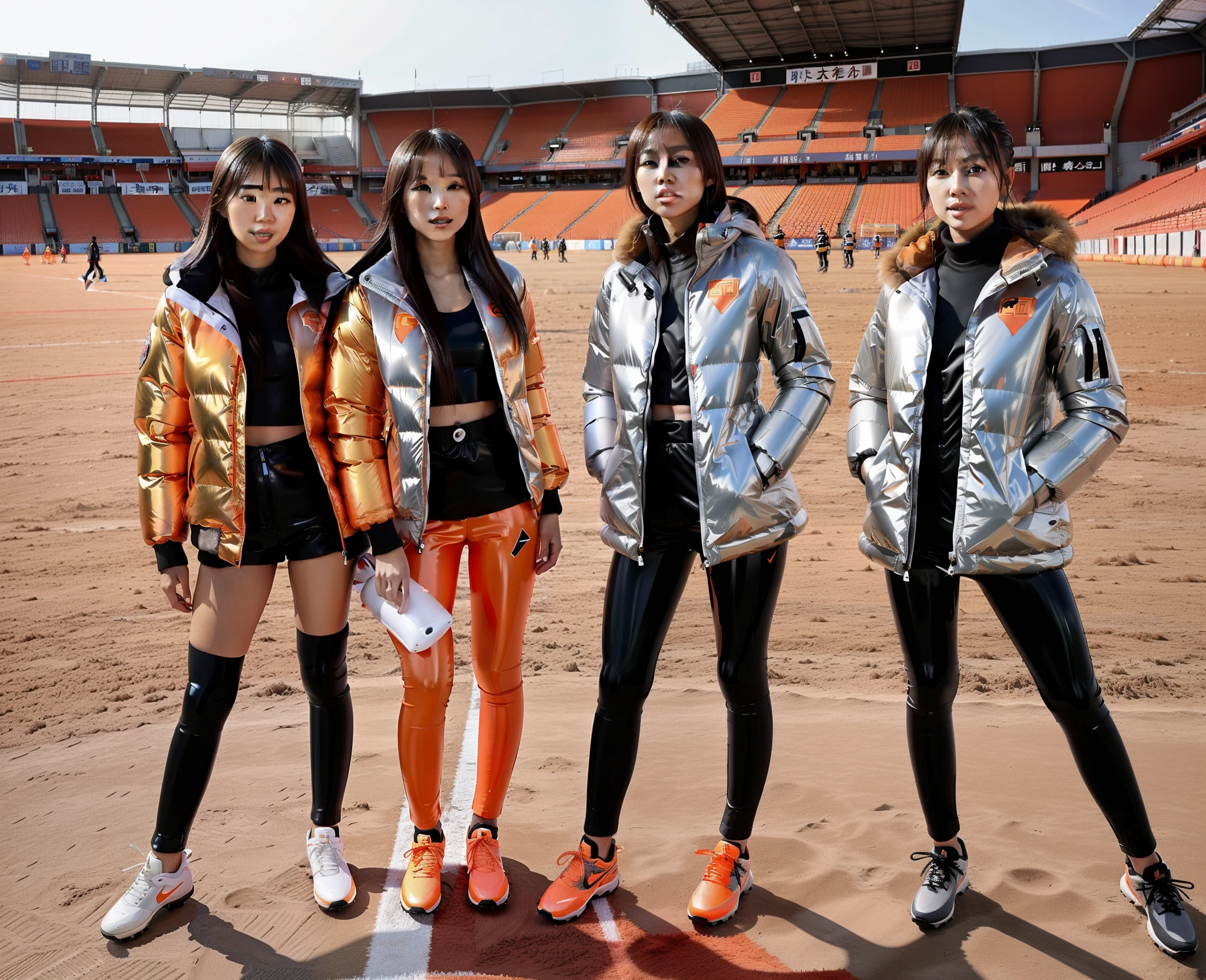 there is an orange rescue stretcher being placed on the ground in the foreground, there are four very attractive girls in shiny inflatable down jackets, japanese girls in thick inflatable jackets, four chinese girls are standing inside a soccer arena, a rescue litter is placed in the foreground