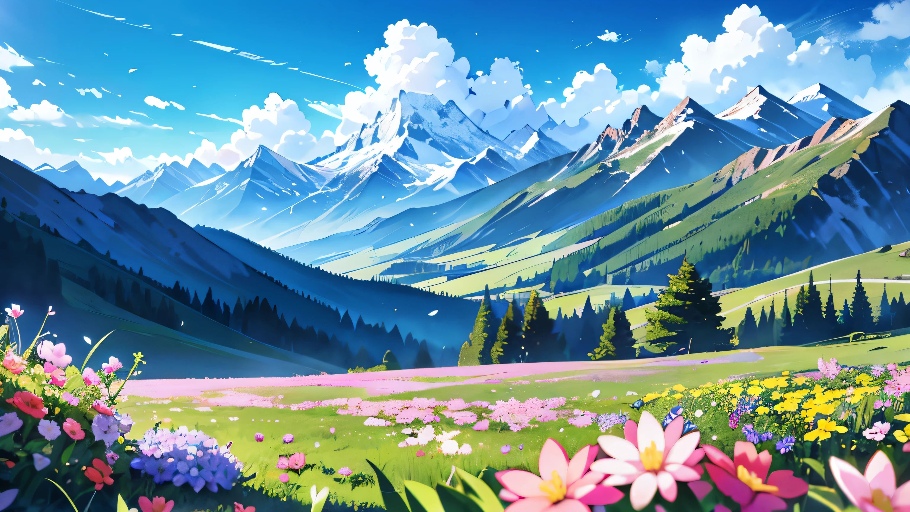 Viewed from lying on the ground,With small flowers as the foreground,There are mountains