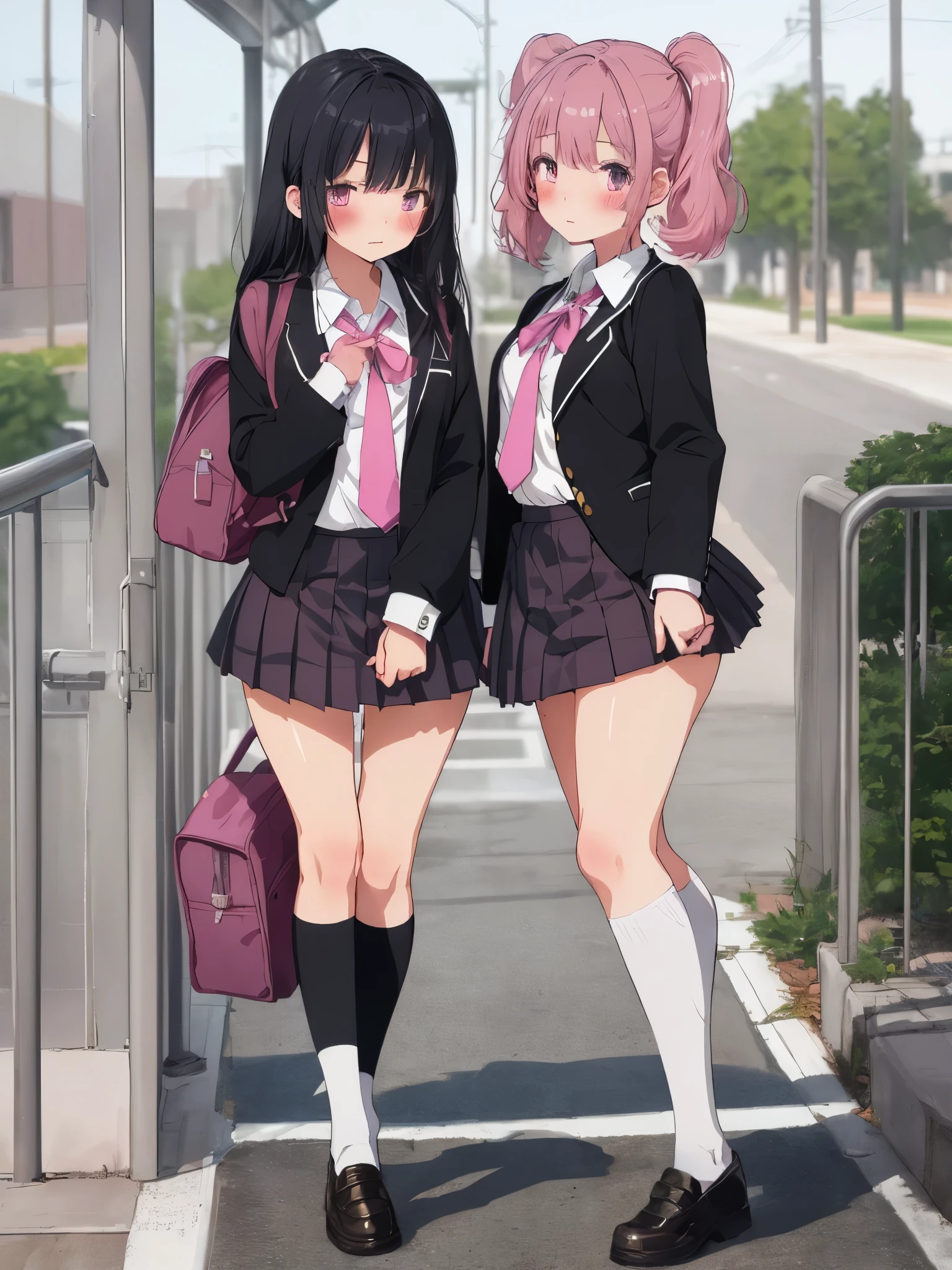 twin girls, high school student, Uniforms, skirt, good body shape, pink hair, black hair, blush, high resolution