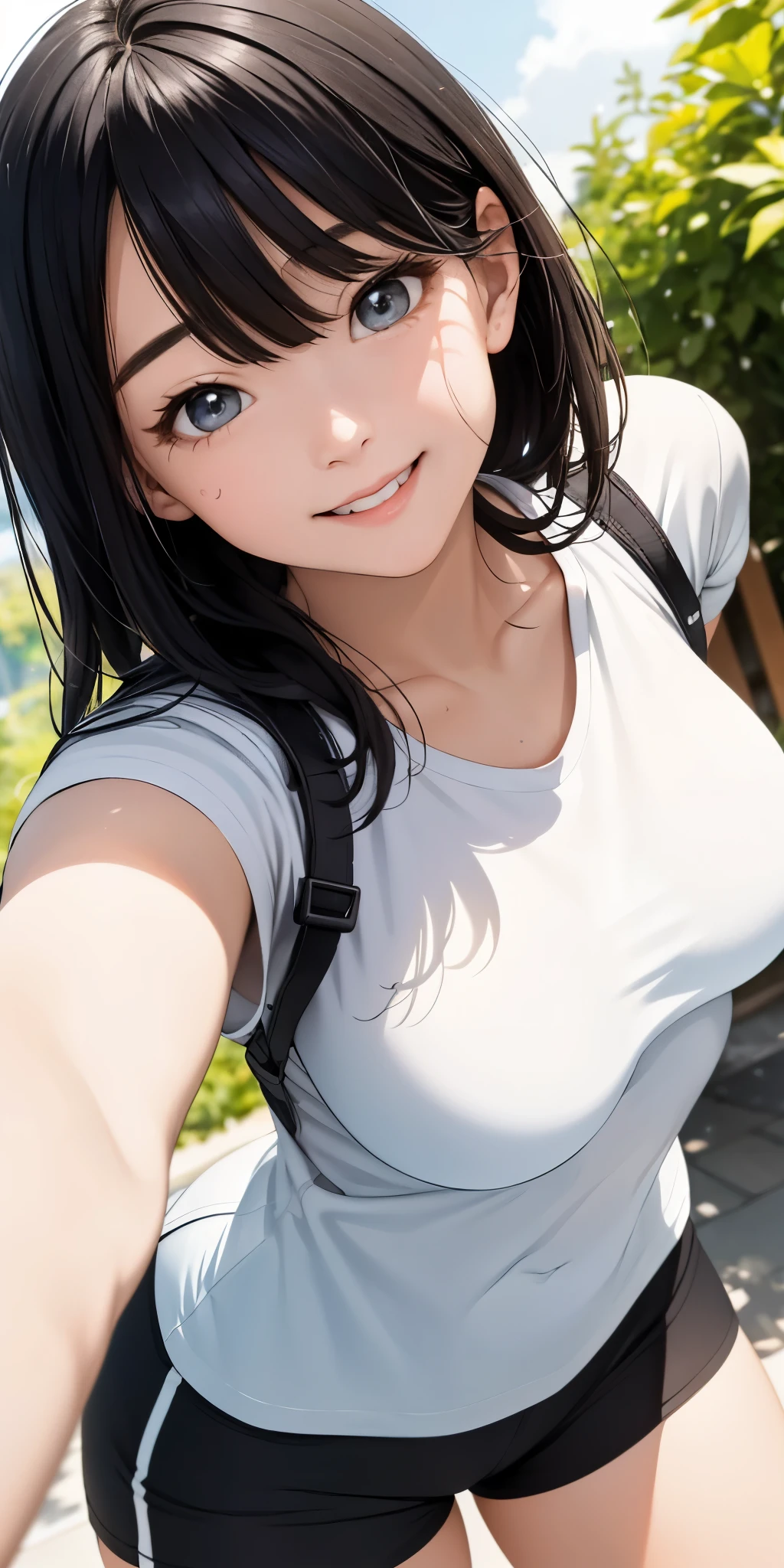realistically、18 year old girl、Facial skin is really shiny、Close-up looking up from below、Wear light, tight-fitting shorts and tops、emphasizing thighs、Breasts enlarged、Sexy、smile on face、