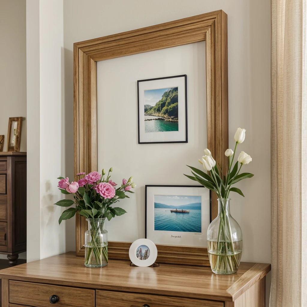 https://image.cdn2.seaart.ai/static/upload/20240111/21f47a6f-9ff7-44de-9bcb-52984f204386_high.webp there are two vases of flowers on each side of the image and 1 medium size picture frame on a shelf in the center, beautiful frame, indoor picture, frame around picture, framed in image, very beautiful photo, beautiful photo, dslr photo of a vase on a table, beautiful wooden frame, soft vignette, still photograph