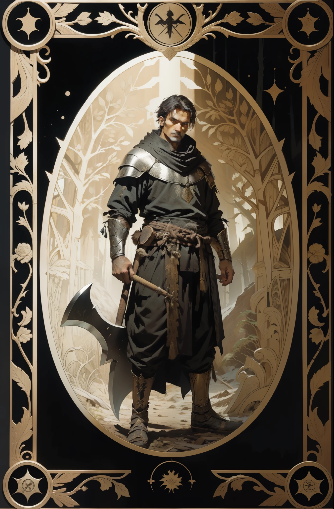 man, in traditional clothes of the peoples of the North, with an axe in his hands, dark forest background, tarot style, medieval patterned frame