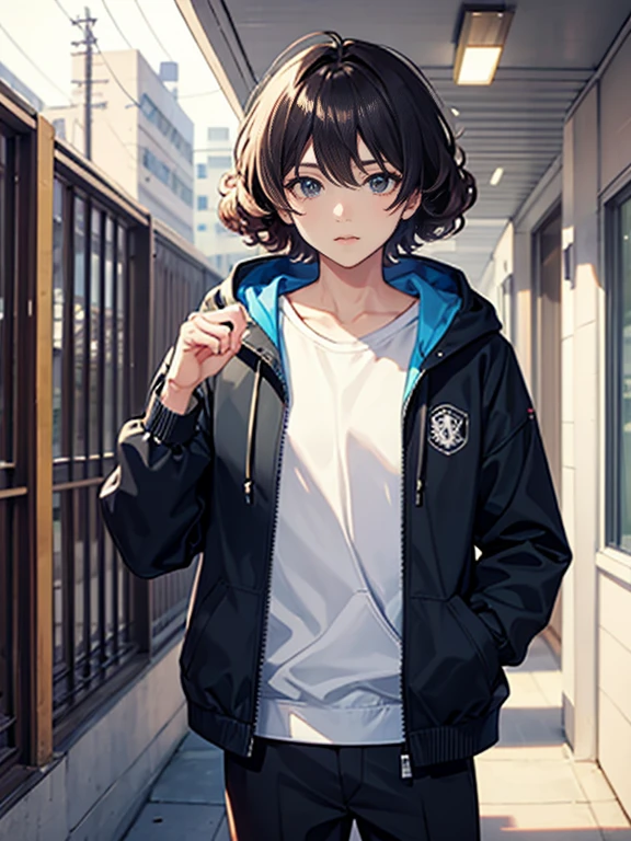 An elementary school boy with a fluffy perm and short cut wearing a hooded jacket.