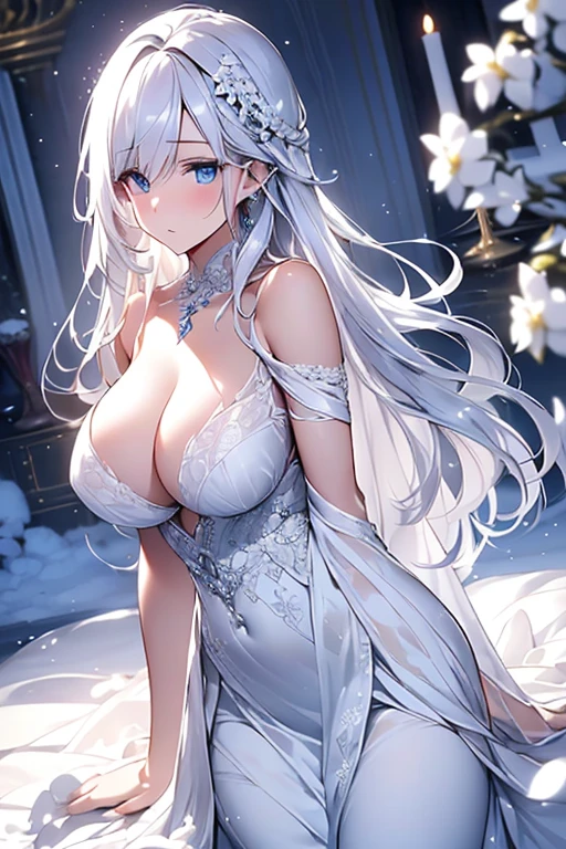 Paradise in Heaven, White lighting,(muste piece), (best quality), (cinematic), 8K, (art station),(長いwhite hairとSilvery eyesを持つ1人の女), (beautiful delicate face)、[Frozen trees々], [landscape crystal], [lighting], [Ethereal Atmosphere:1.1], [fantasy, short story] ,[soft なlighting] 、(+cinematic shot:1.2)、 [+art station] 、[+luminous white background] 、 [soft glow] 、(Creative and dynamic angles:1.3), [+Crystal Toning] 、muste piece, very detailed, Super detailed, solo, (pale skin), Silvery eyes, white hair, (snow background), (snowflake rosen flower:1.0), (shining crystal), (Snowy ground), (White lashes), sexy woman、dreamy and detailed, Gorgeous setting, 妖しい雰囲気 muste piece, The most beautiful scenes, majestic、(((full of white flowers)))、quiet and serene atmosphere、attractive, all white tones,Inside the crystal library,Transparent flowers and falling snow，Many white roses are planted,(water flowing,waterfall,water bloom),The decoration is also carefully done.,dream（very detailedです，creative design，crisp and precise lines，K HD，best quality，master piece，超High resolution，In 4K）、Diverse poses、((beautiful white flower hair ornament))、beautiful hairstyle、(best quality, In 4K, 8K, High resolution, muste piece:1.2), Super detailed, detailed expression, graceful posture, expressive brush strokes, mysterious atmosphere, artistic interpretation,Delicate floral jewelry， (((Detailed design、beautiful transparent dress、Sheer sexy dresses)))、(SFW:1.5), (oversized breasts, best body proportions, proportions of large breasts,:1.5),(white decoration on thigh)、((Beautiful accessories that wrap around your legs))。((A beautiful accessory that wraps around your wrist))