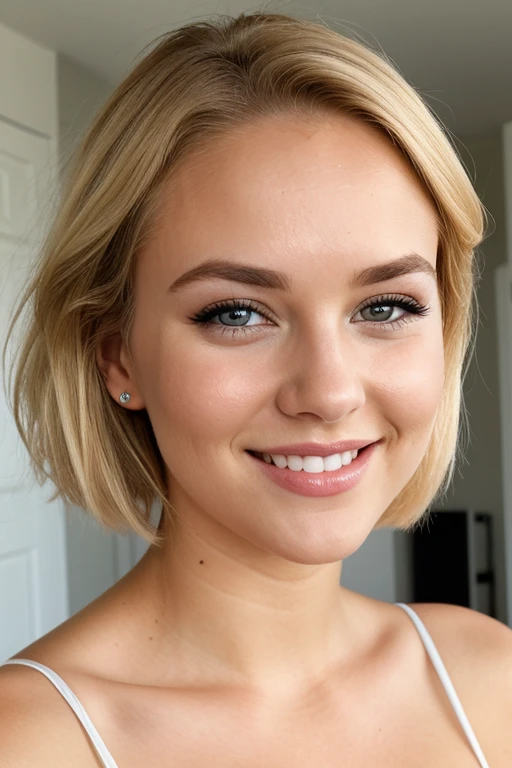 21 year old Sweddish  glamour model, detailed eyes, eyelashes, forehead, short hair, blonde hair, looking at viewer, smile