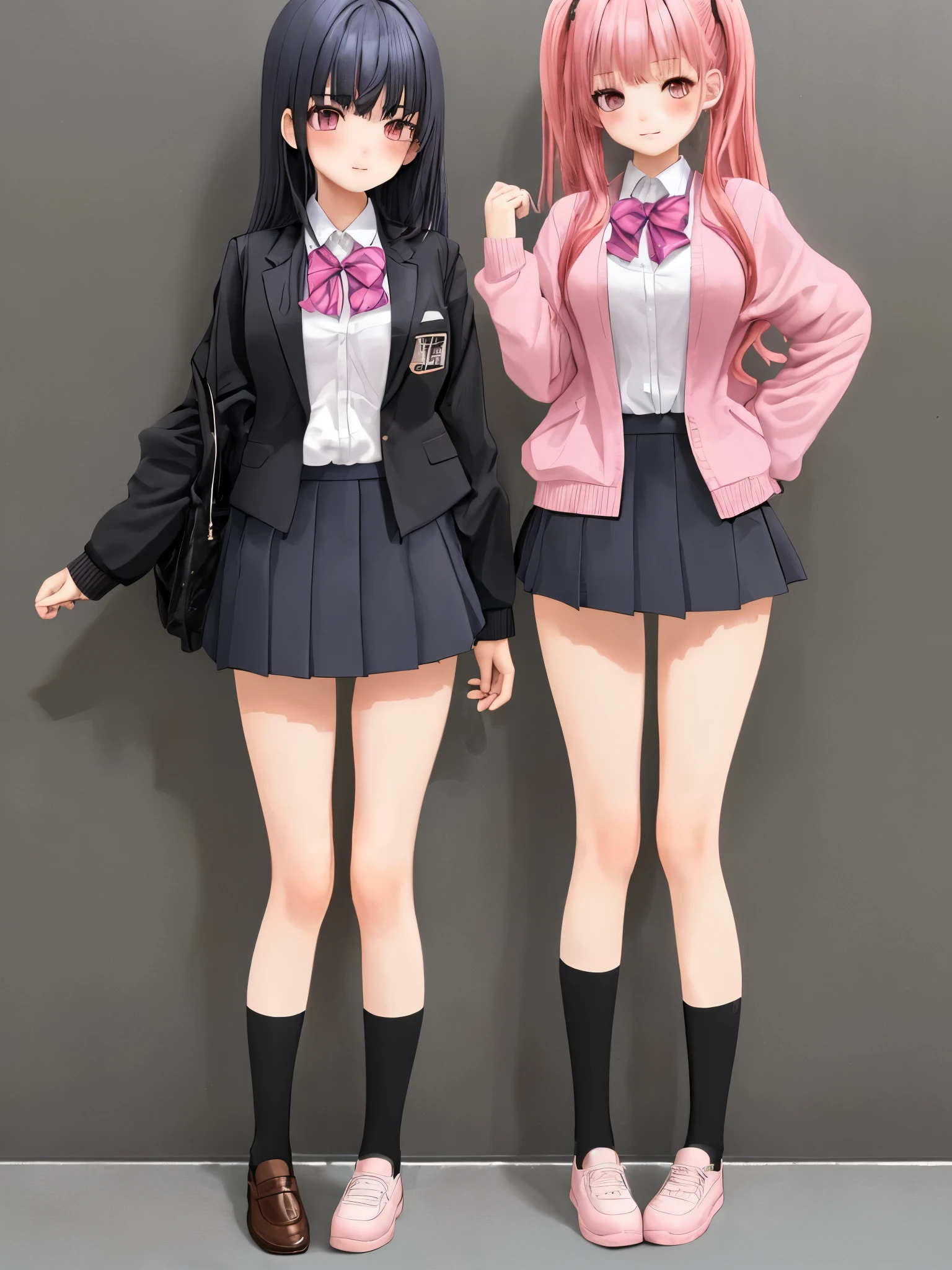twin girls, high school student, Uniforms, skirt, good body shape, pink hair, black hair, blush, high resolution