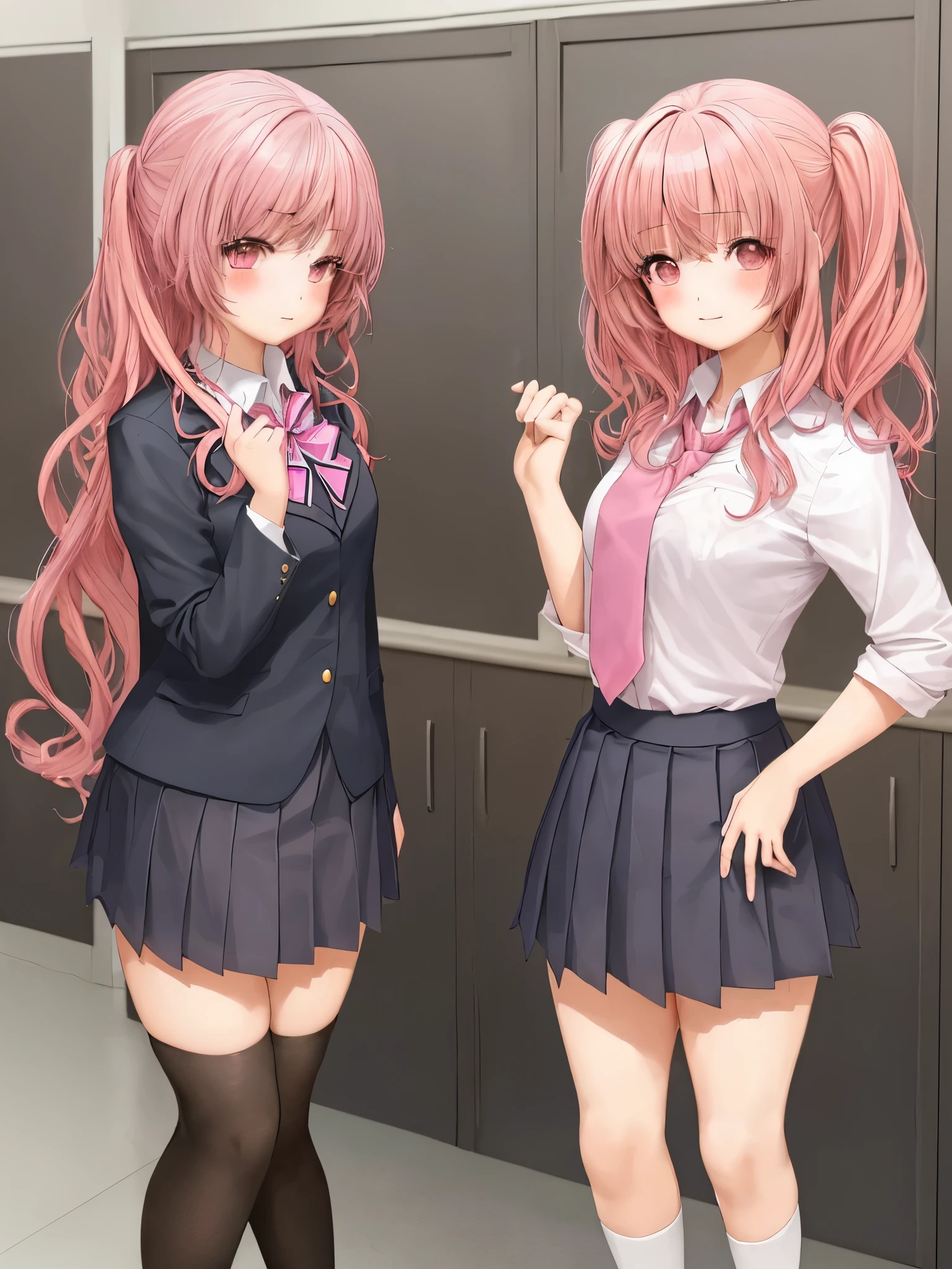 twin girls, high school student, Uniforms, skirt, good body shape, pink hair, black hair, blush, high resolution