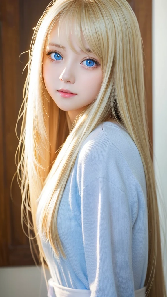 Shiny super long bright blonde straight hair、beautiful hair between the eyes、Very cute beautiful sexy young girl、so perfect beautiful cute face、Clear beautiful cute light blue big eyes