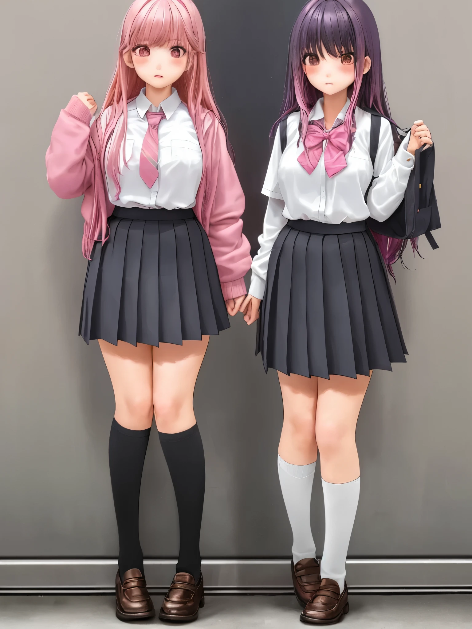 ((jk, 2girls)), (petite kawaii, bishojo), (cute, ahegao), (tareme), ((masterpiece)), (best quality), (ultra detailed), ((highres)), (exquisite), (depth), (high standard), (beautiful and aesthetic), (super detailed skin), (perfect anatomy), (full body), (blush), (sun, school uniform), (bare foot), (big bow in hair), (lipstick), (own room)
