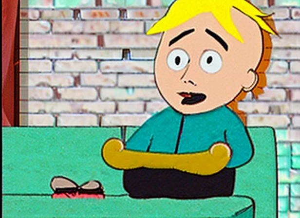 There is Butters Stotch sitting on couch in a New York city eating Nachos