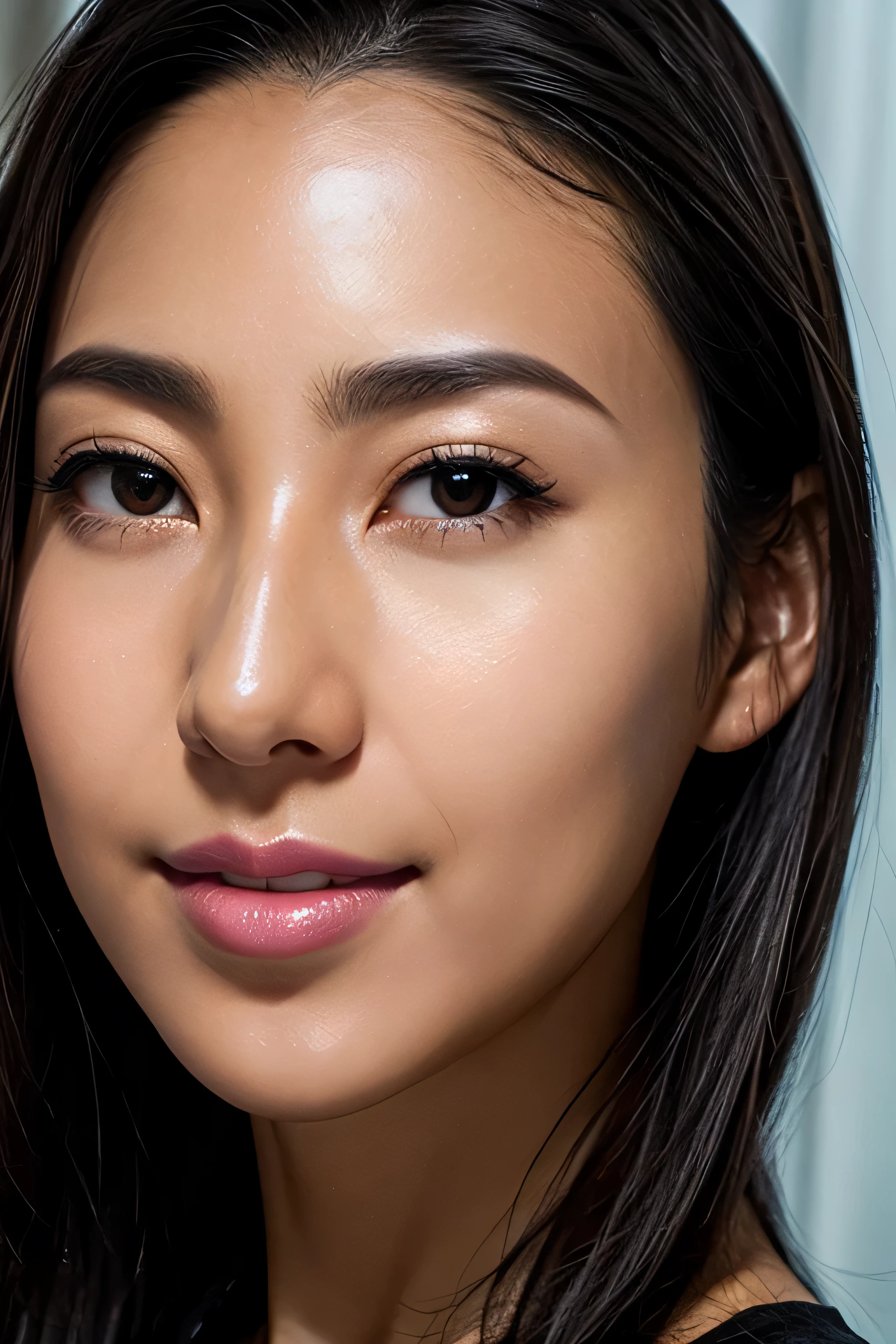 1 girl,pieces fly,,award winning photos, very detailed、35 years old、black hair、shiny skin、close up of face,(Super close-up of nose,Face shots),Low - Angle:1.5,(realistic nostrils)、Lens Distortion Removal、realistic skin texture、Reproduction of pores、profile、1 girl in,elongated nostrils、profile、