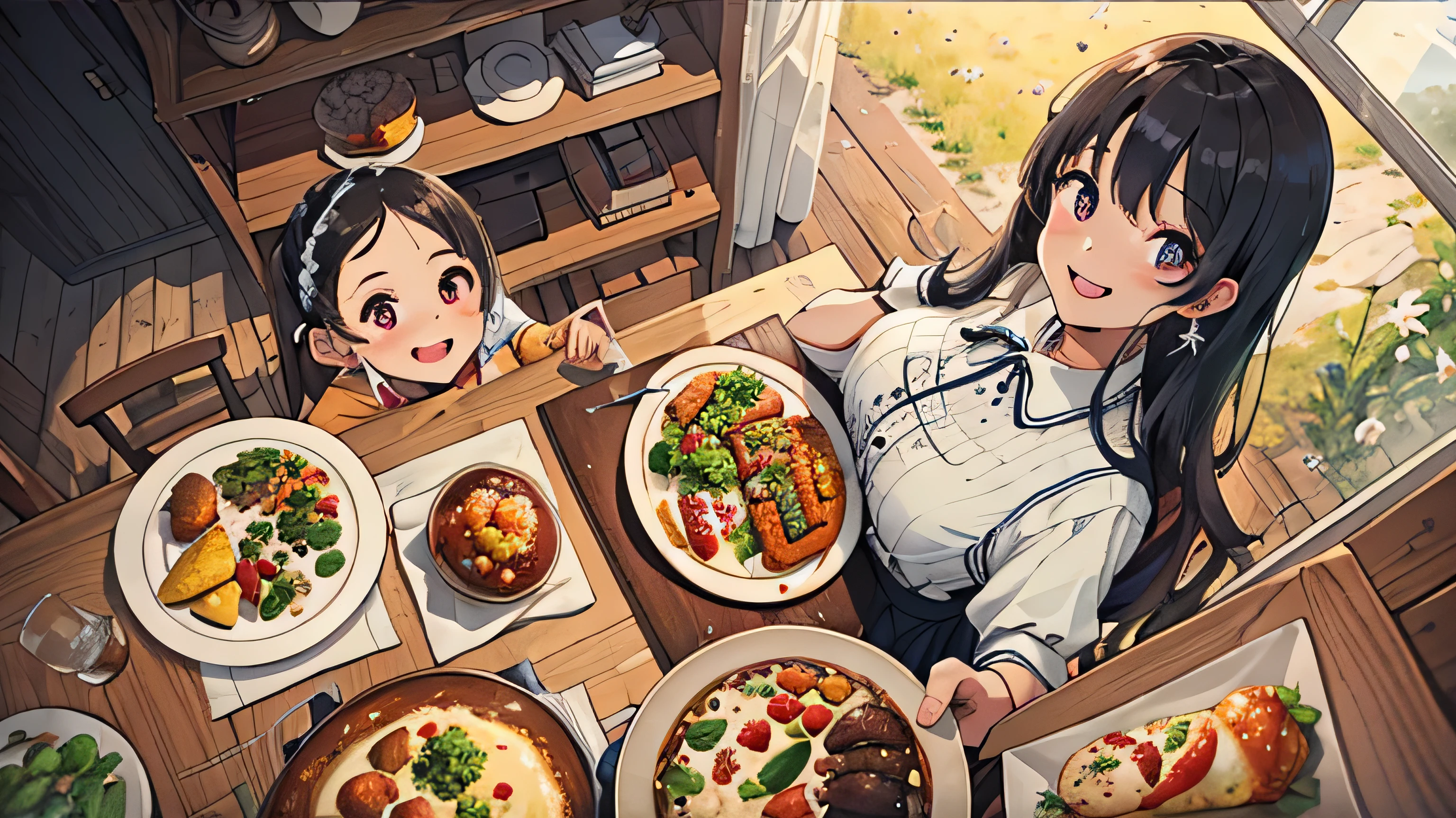 Create a masterpiece、background with((Dining room))、2 Beautiful Girls、Detailed embroidery on the dress、skirt by、Feeding,eaten., Multiple diets,What to eat ((Sweet border,plate)),Eat a complete meal.,See food more clearly.,ใบหน้าcharacter (cheerful,smile, Open his mouth..,look at viewer),Camera Angle(High Angle),character is(frying food),characters have(in the eyes sparkling),attitude (High Angle),there'There's a lot more food than this..,Clear Image,Clear details,character'Her appearance was beautiful..