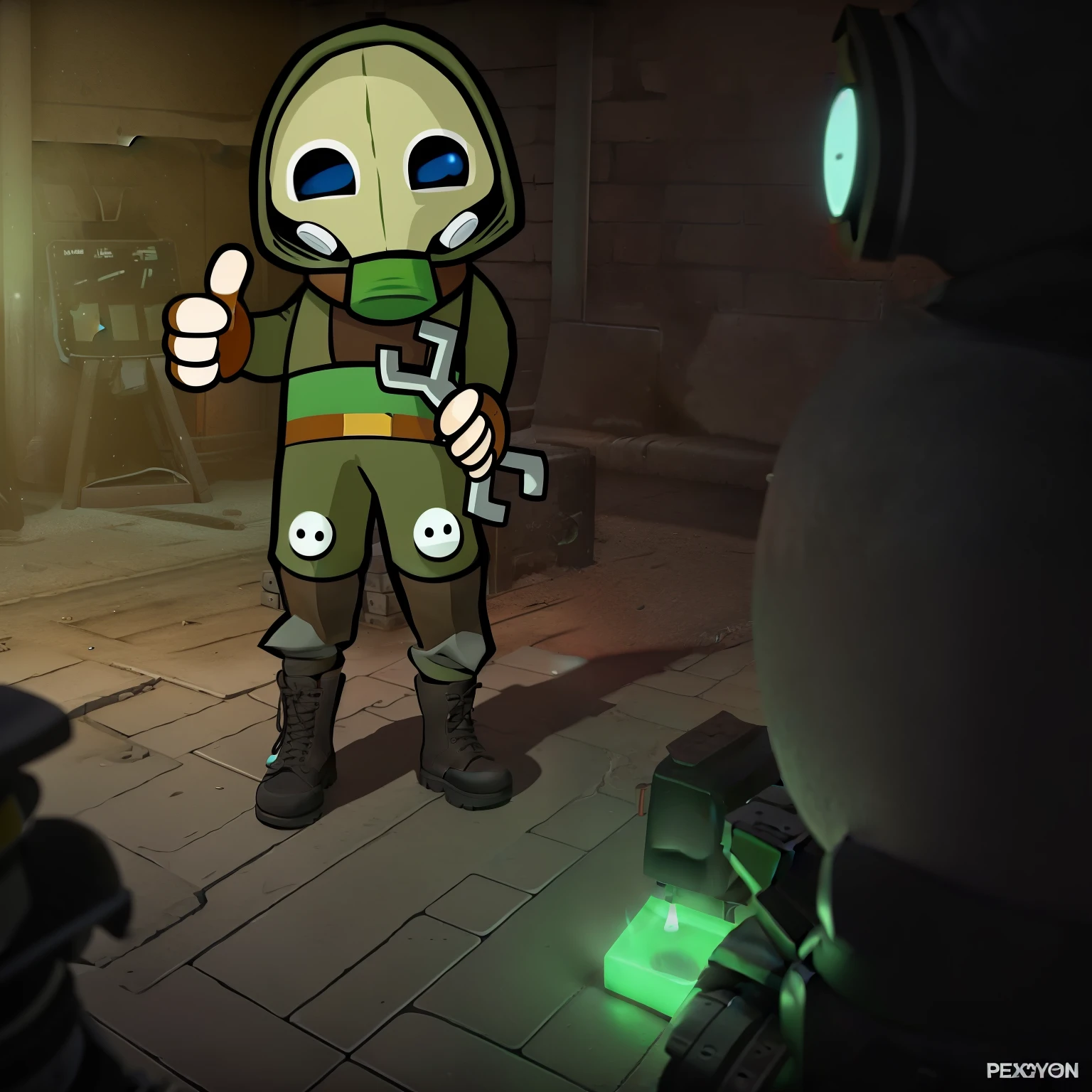 a close up of a cartoon character with a thumbs up, among us crewmate, pepe the miner, petscop, among us impostor, among us character, post - apocalyptic scavenger, green doom guy, secret underground lab, plague doctor, among us imposter, the doom slayer, the doomslayer, wearing a bone gas mask, doom guy