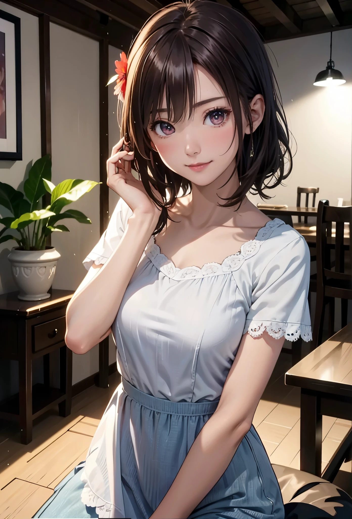 (8k、Realism、original photography、top quality: 1.3)、(1 girl in)、super beautiful、(serious)、(childish、Natural color berry shorthair cat)、T-shirt with open chest、lace,Engage your audience、beautiful expression、beautiful 、Lover's perspective、(real skin)、beautiful smile、(Soldier)、Tempting、ultra high resolution、Surrealism、high detail、On the flower