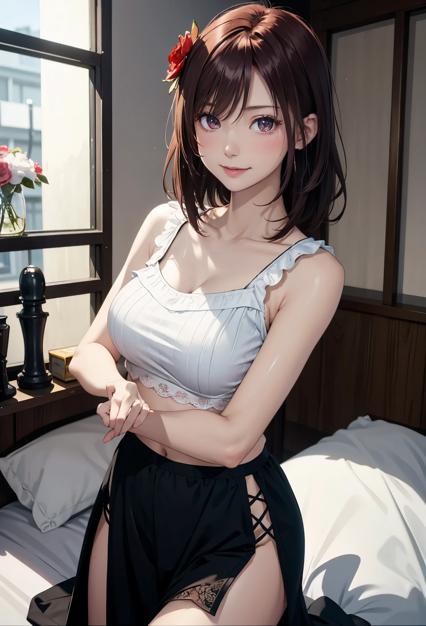 (8k、Realism、original photography、top quality: 1.3)、(1 girl in)、super beautiful、(serious)、(childish、Natural color berry shorthair cat)、T-shirt with open chest、lace，Engage your audience、beautiful expression、beautiful 、Lover&#39;s perspective、（real skin）、beautiful smile、（Soldier）、Tempting、ultra high resolution、Surrealism、high detail、On the flower