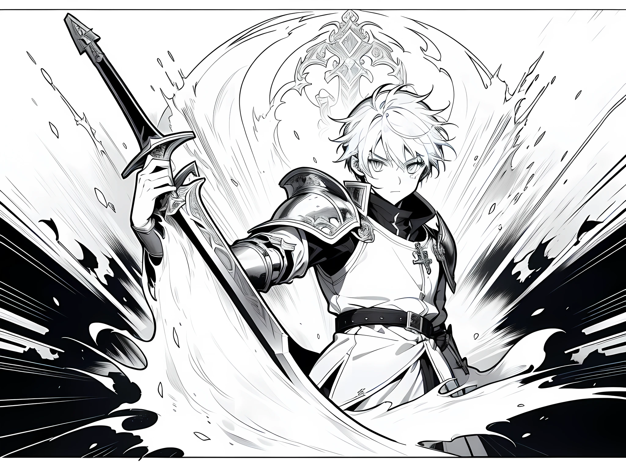 1 knight in isekai world, full armor, holding a sword on his right hand, key anime art, an edgy assassin, demon slayer art, demonic aura, magical aura, magical power, the background is white, monochrome (clear line, lineart)