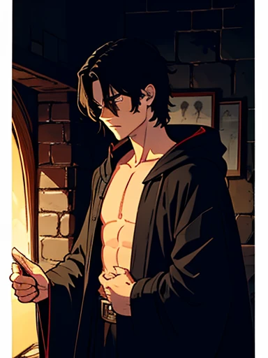 a man, in the dark room,with dark expression, shoulder-length black hair, wizard's robe, black Extremely long robe, wizard, old English magical castle