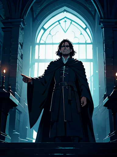 a man, in the dark room,with dark expression, shoulder-length black hair, wizard's robe, black Extremely long robe, wizard, old English magical castle