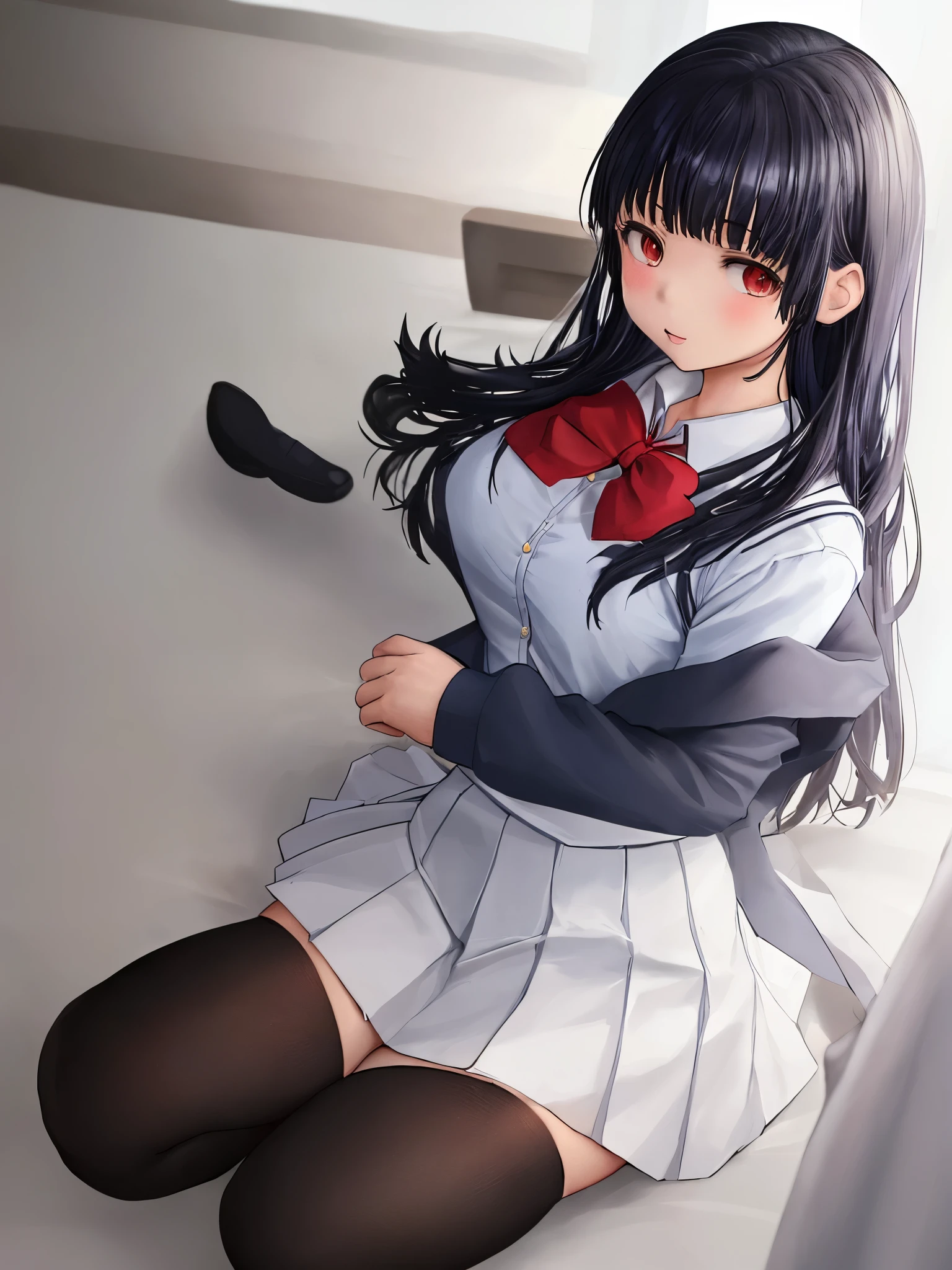 Ayaka Kamisato, twin girls, high school student, Uniforms, black stockings, white stockings, white school uniform, blue school skirt, Red bow tie
