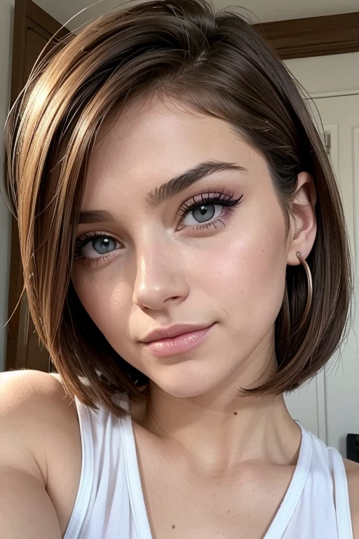 pussy, Belle fille, Marron_eyeeautiful mince adolescente de 18 ans, cheveux color [Brown highlights cheveux], [Pixie undercut] cheveux)), boucles d’oreilles, lèvres, Réaliste, taille étroite, charmant, pink lèvrestick, maquillage coloré, Cils longs, boucles d’oreilles, porter de l’eye-liner, peau claire, (mignon), (face détaillée), Yeux détaillés, Iris détaillé, en nuisette de nuit, pyjama,  {De la tête aux pieds, montrant tout ton corps:1.7}, un sourire