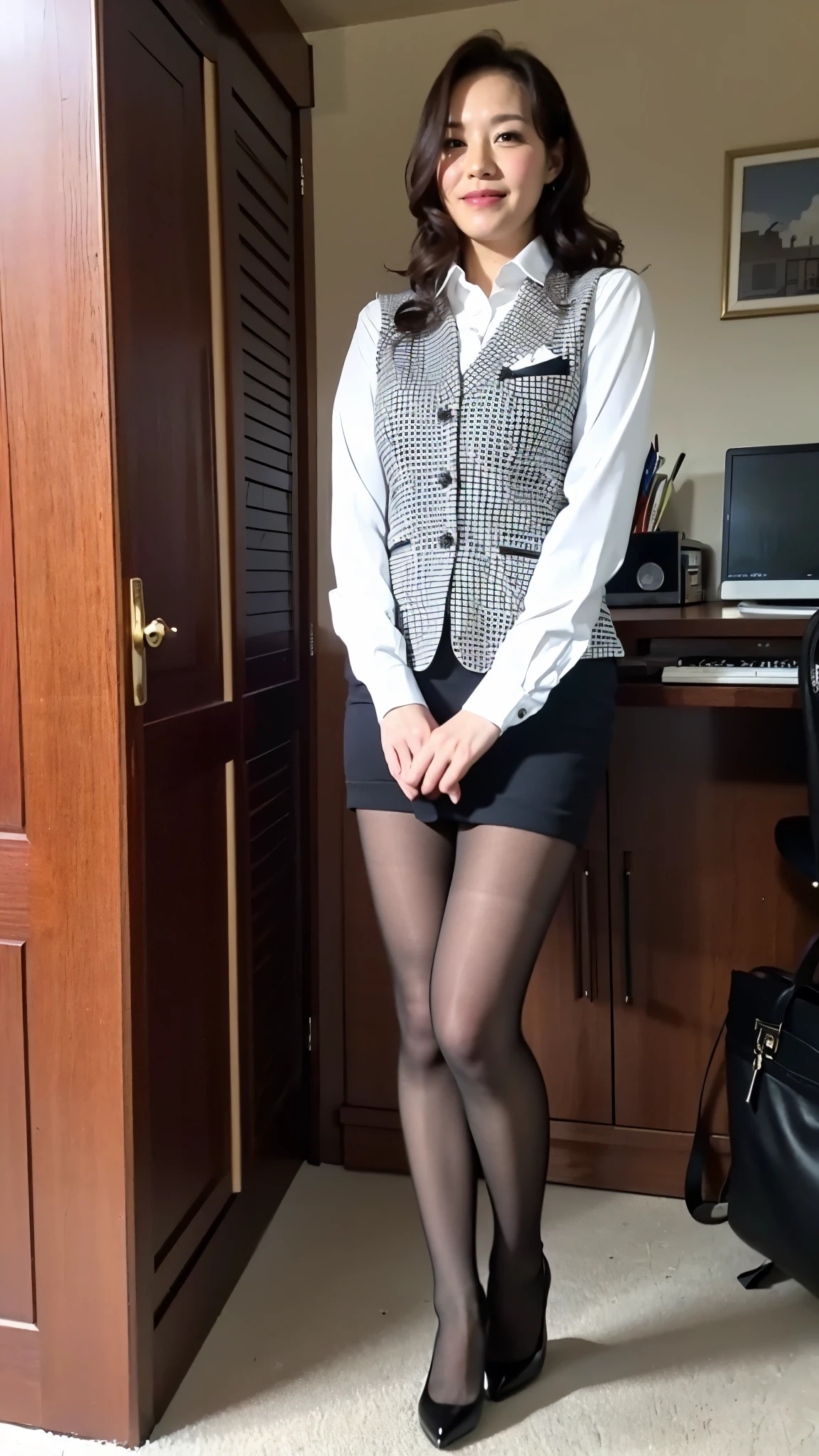 Ulchan-6500-v1.1, (RAW photo:1.2), (Photoreal), (genuine:1.4), １girl、perfect anatomy、48 years old、look at the camera、medium long hair、yellow checkered vest、((Are standing:1.3))、(super realistic pantyhose:1.2), (high heels)、(Business service)、