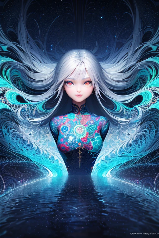 (masterpiece, best quality:1.2),(fractal art:1.5) (flat color:1.2),(3D:1.3),(fluorescence colour:1.5,colorful:1.2),looking at viewer,1girl,beautiful face,Gentle face,solo,upper body,floating colorful fluorescence water,vivid color
