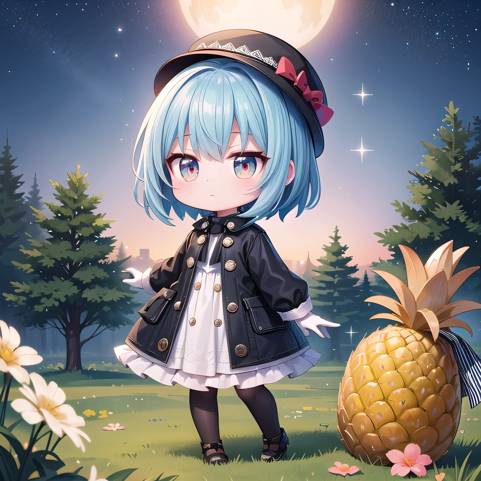 (Chibi, pineapple, petite, cute), (3DCG, Nendoroid, 1 girl, masterpiece, almond-shaped eyes, beautiful skin, red cheeks, glossy white-blue hair, short chignon hair), indifferent, expressionless, Top quality, delicate fingers, warm clothes, strong light and shadow, full body, black tights, tree print dress, colorful hats, gloves, sparkling flowers, night picnic, meadow,