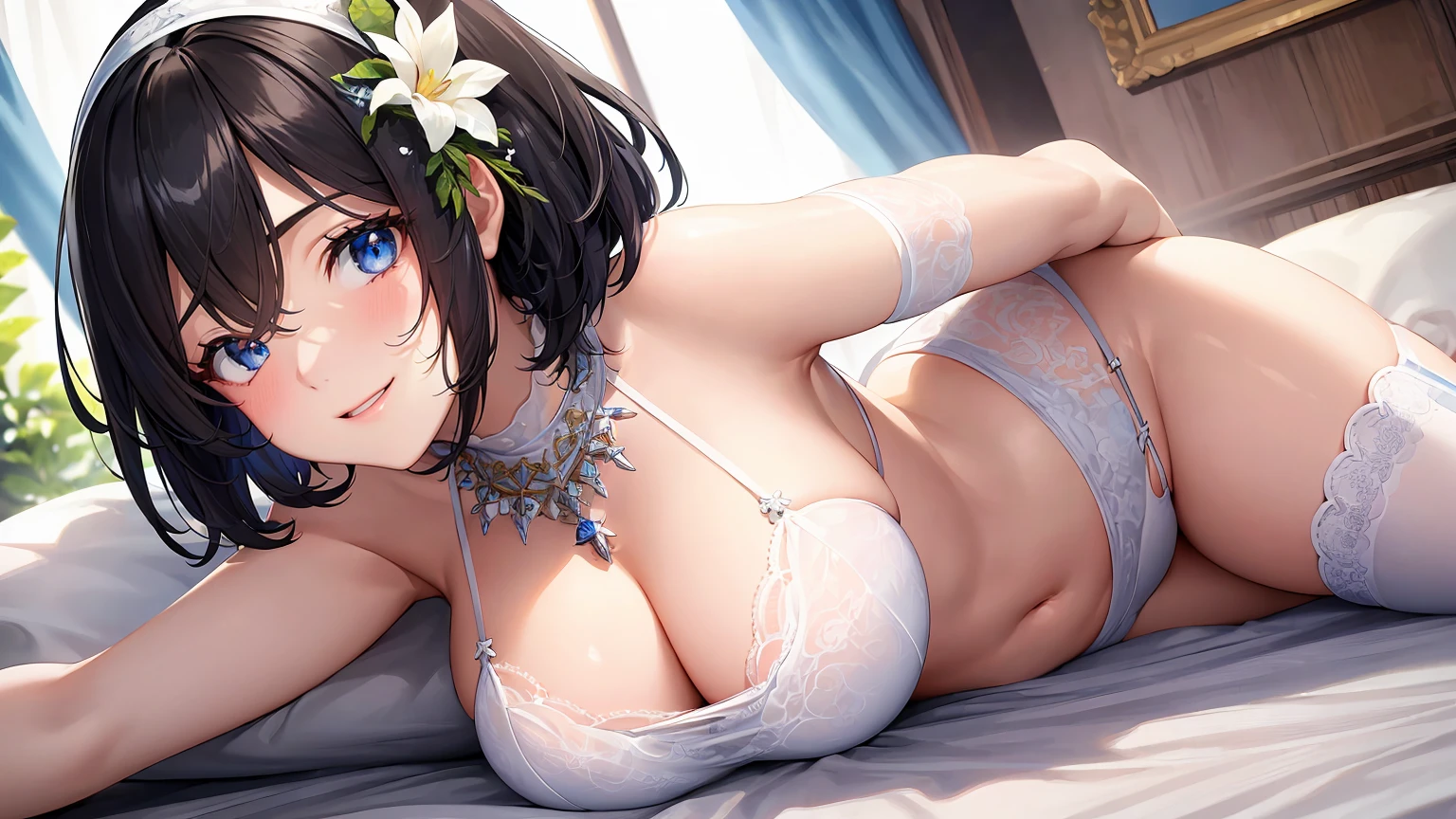((8Kmasterpiece,highest quality)), ultra high resolution, (masterpiece: 1.4), hyper detail, (((1 girl))),beautiful and delicate eyes,blue eyes,Big eyes,shining eyes of light,detailed light,beautiful face,((black hair)),((short hair)),white bra,white garter belt,lingerie,White feather weave,hair ornaments,necklace,gem,night,moon,White flower,curtain,shy smile,open your mouth,passionate pose