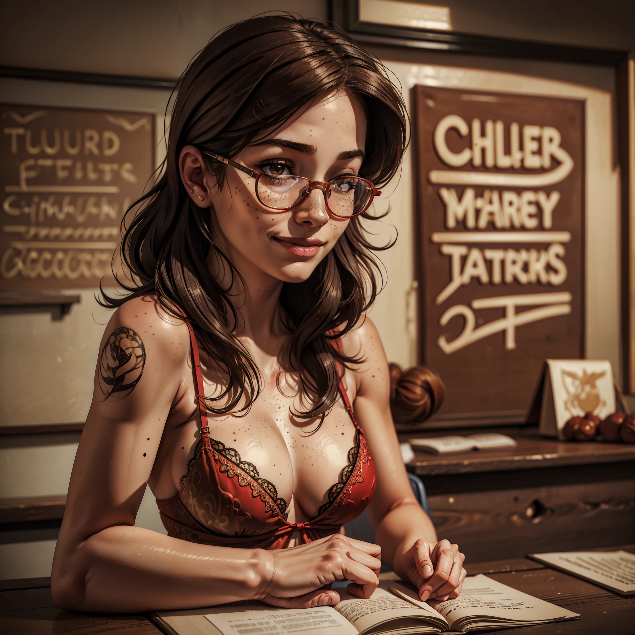 woman, long chestnut hair, ((33 years old, American)), detailed face, detailed body, well-defined body, lingerie, in a classroom, very detailed, high detail, masterpiece, ((emo_hairstyle:1.3)), naughty smile, she wears red glasses, ((saggy breasts:1.1, small breasts:0.6)), natural breasts, college classroom, she's sitting in her teacher's desk, age spots on her face and body, moles on her chest, freckles between her breasts, ((masterpiece:1.8, detailed:1.8, realistic:1.3)), perfecteyes