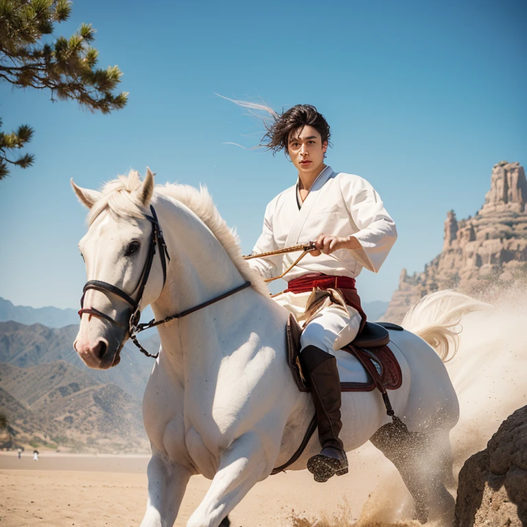 Martial arts，Riding a white horse，The young man in white，male，Asian，Handsome，Face like jade，Sword in hand，Flying sand and rocks