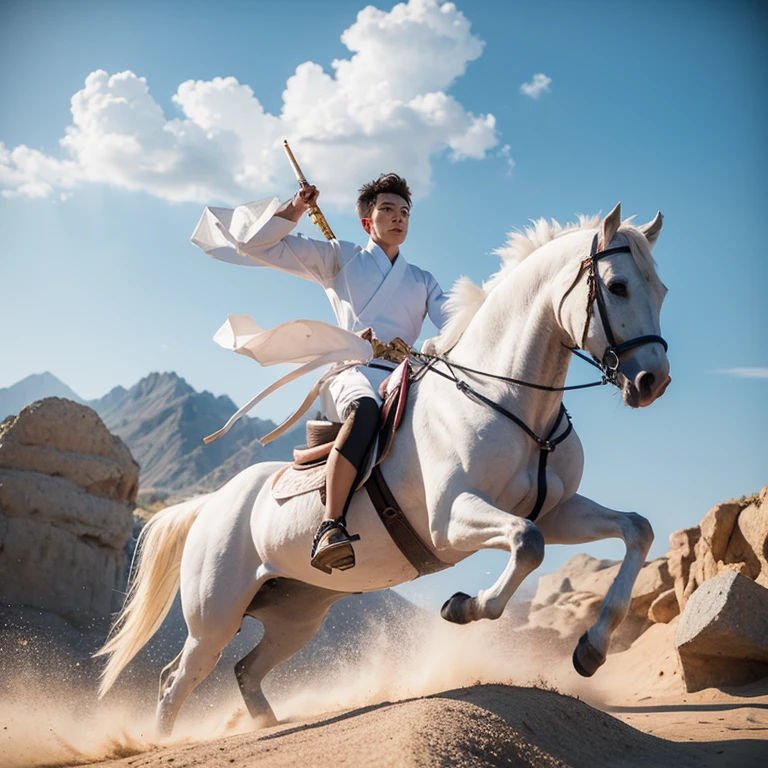 Martial arts,Riding a white horse,The young man in white,male,Asian,Handsome,Face like jade,Sword in hand,Flying sand and rocks