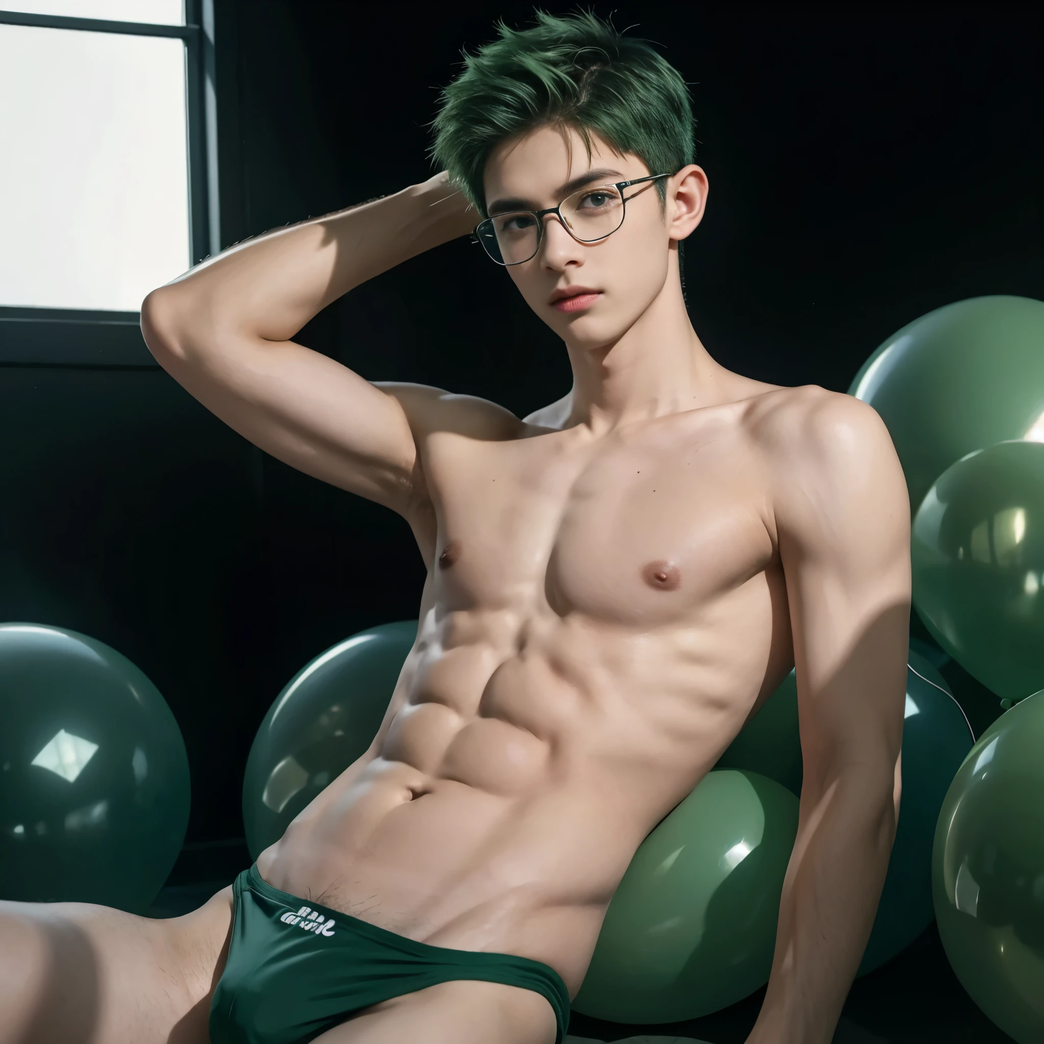 -yeld bolying on big green balloons, lying on big black balloons, wearing green speedos, light green hair, shirtless, abs, thin body, slim body, skinny body, handsome, young boy, youthful, boyish, cute, black military sunglasses, rayban aviators, photography, realistic, big green balloons, big black balloons, indoor soft lighting