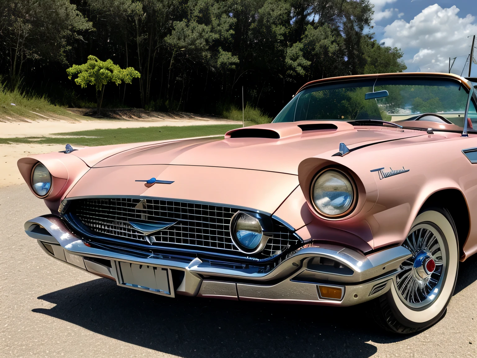 diagonal camera, obra prima, 1959 Ford Thunderbird Convertible Discovered, COR de cobre polido cromado METALICO reflexivo, the paint color is polished copper, a pintura reflete a luz do sol, reflexo do brilho da luz na pintura, has GOLDEN WIDE STAR WHEEL is on fire, tem as rodas traseiras maiores, ridiculously lowered front suspension, there is a beautiful 18 year old girl standing next to the car, tem uma garota ao lado do carro, on a paradisiacal beach