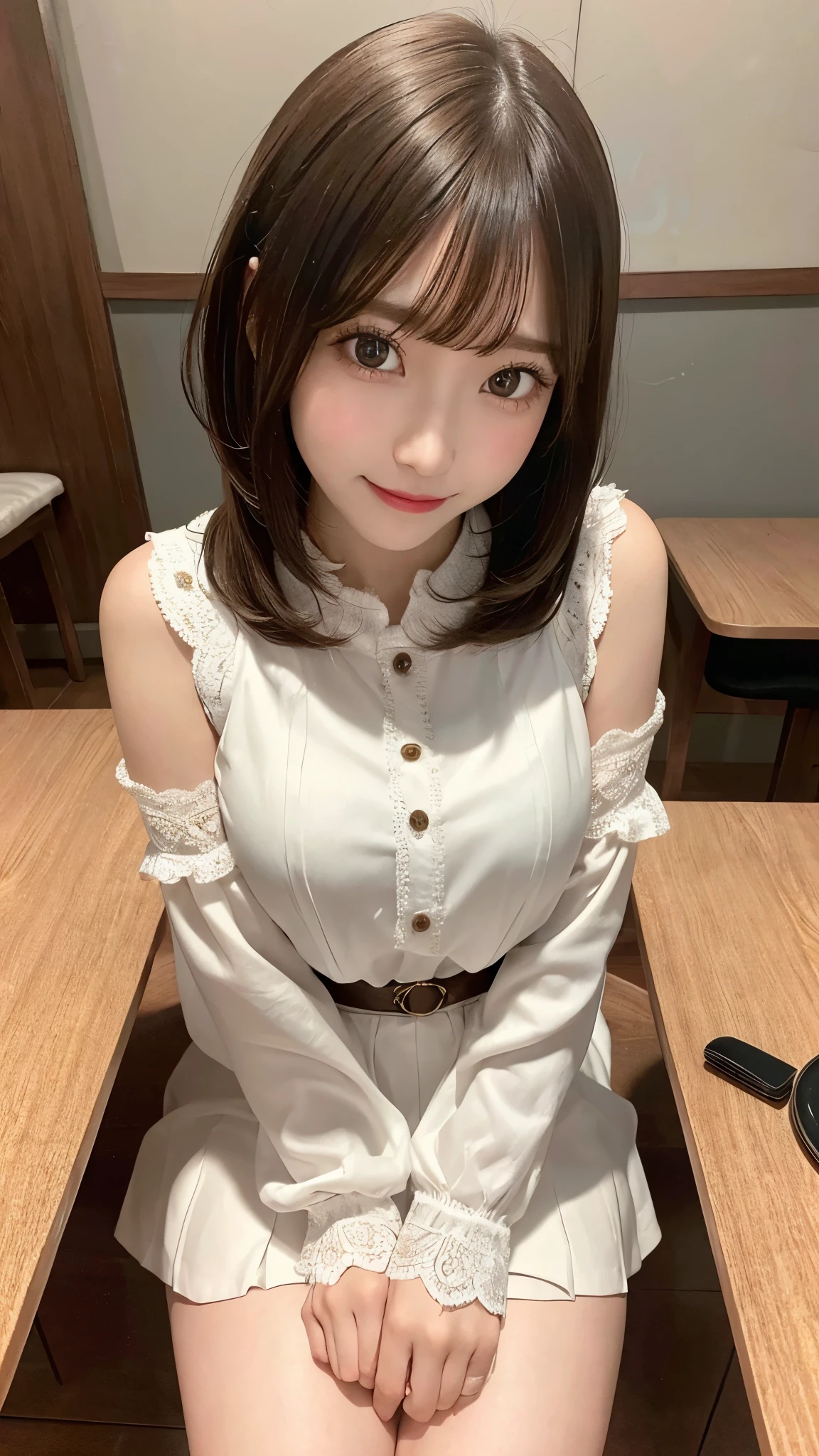 (8K, RAW photo:1.2),detailed face and eyes,最high quality, Super high resolution, very detailed ,intricate details ,table top ,pretty girl , soft movie-like light, hyper detail,sharp focus, high quality,Breasts out,bob cut,brown hair,NSFW, smile, zettai ryouiki, skirt, sit on a chair, spread your legs