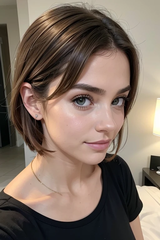 pussy, Belle fille, Marron_eyeeautiful mince adolescente de 18 ans, cheveux color [Brown highlights cheveux], [Pixie undercut] cheveux)), boucles d’oreilles, lèvres, Réaliste, taille étroite, charmant, pink lèvrestick, maquillage coloré, Cils longs, boucles d’oreilles, porter de l’eye-liner, peau claire, (mignon), (face détaillée), Yeux détaillés, Iris détaillé, en nuisette de nuit, pyjama,  {De la tête aux pieds, montrant tout ton corps:1.7}, un sourire