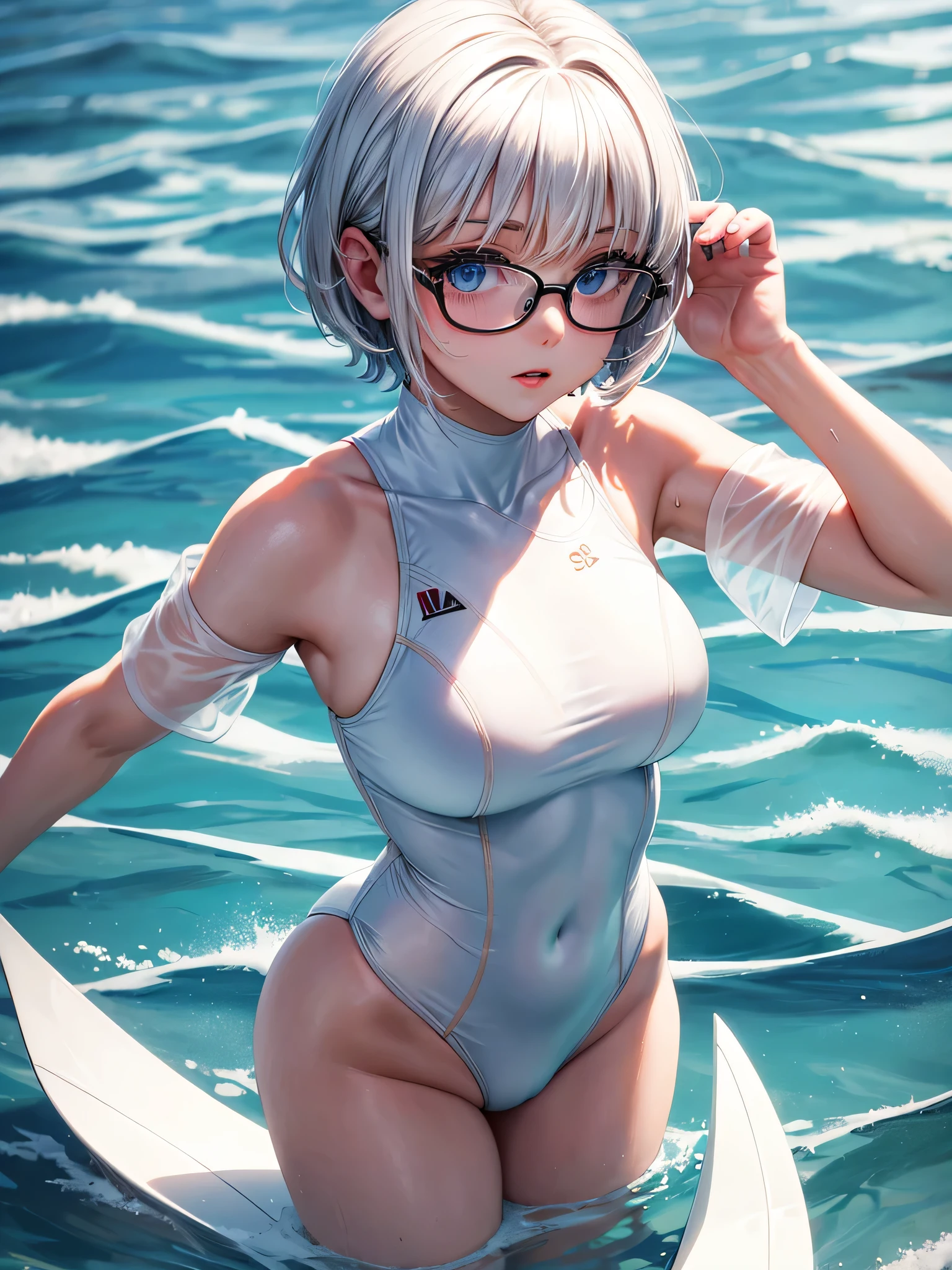 Top quality 8K UHD、pieces fly、cute eyes、Glasses、White competitive swimsuit、White latex high neck competitive swimsuit、white metallic high neck swimsuit、Glasses、short hair、Glassesをかけた短髪の銀髪美女、wet skin、from the chest up、Put your hands behind your hips