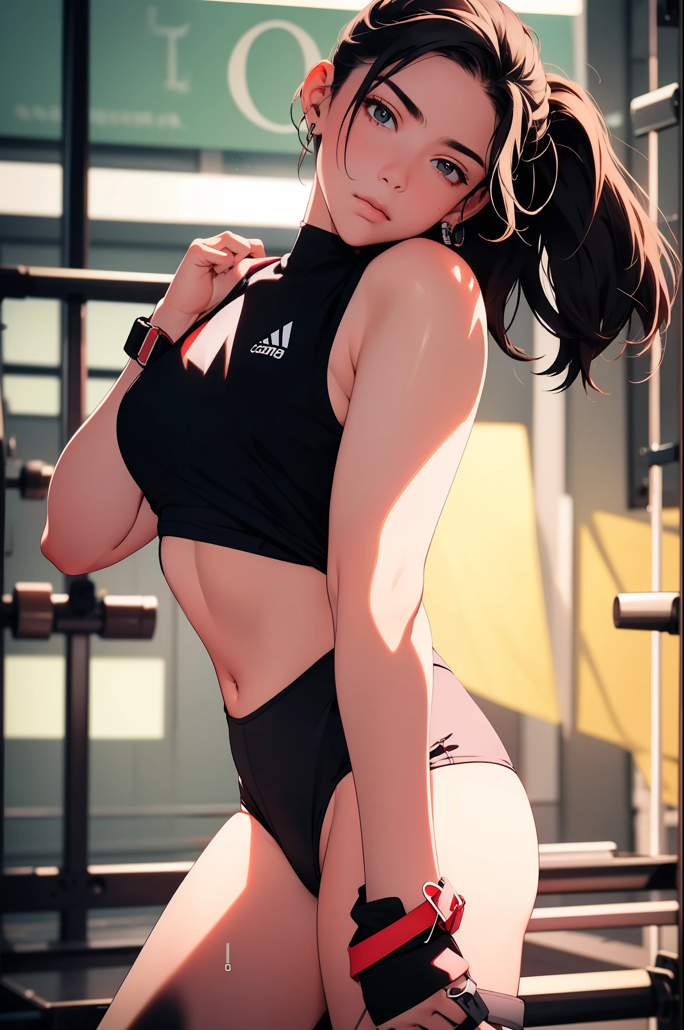 Masterpiece, 4K, sportswear, gymtastic_yoga_croptop, (multiple straps:1.1), woman wearing gymtastic_yoga_croptop,  contrast, analog style, high quality picture, photorealistic, taken by a camera with an expensive lens , women sweating, see though clothing