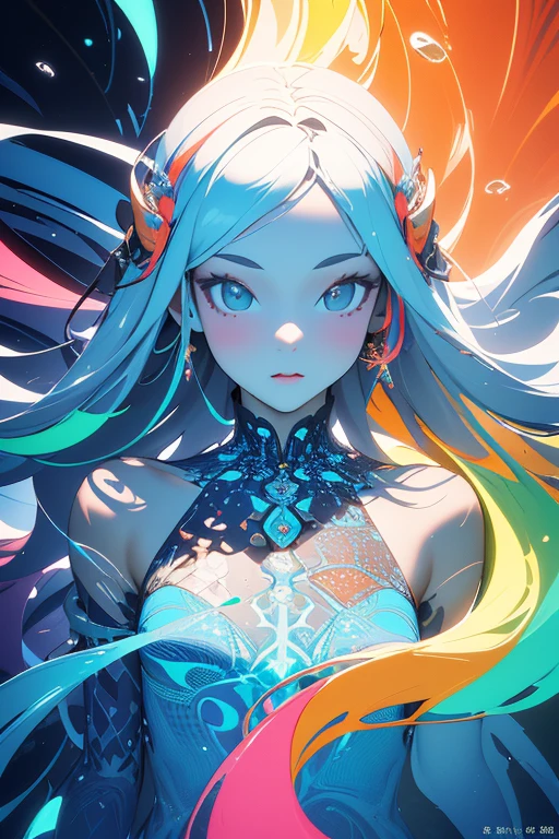 (masterpiece, best quality:1.2),(concept art、fractal art:1.5) ,(flat color:1.2),(3D:1.3),(fluorescence colour:1.5,colorful:1.2),looking at viewer,1girl,beautiful face,Gentle face,solo,upper body,floating colorful fluorescence water,vivid color
