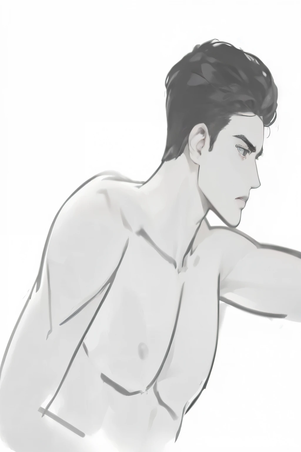 Drawing of a man holding a tennis racket in his right hand., Men's Poses, Medium shot of a large man., Handsome anime poses, Half-body picture, body and face in detail, Beef cake pose, Gesture study, heroic Men's Poses, Half-body picture, shirtless :: Highly detailed, profile poses, Heavy-duty style close-up, The shoulders are visible., The body is perfectly shaded.