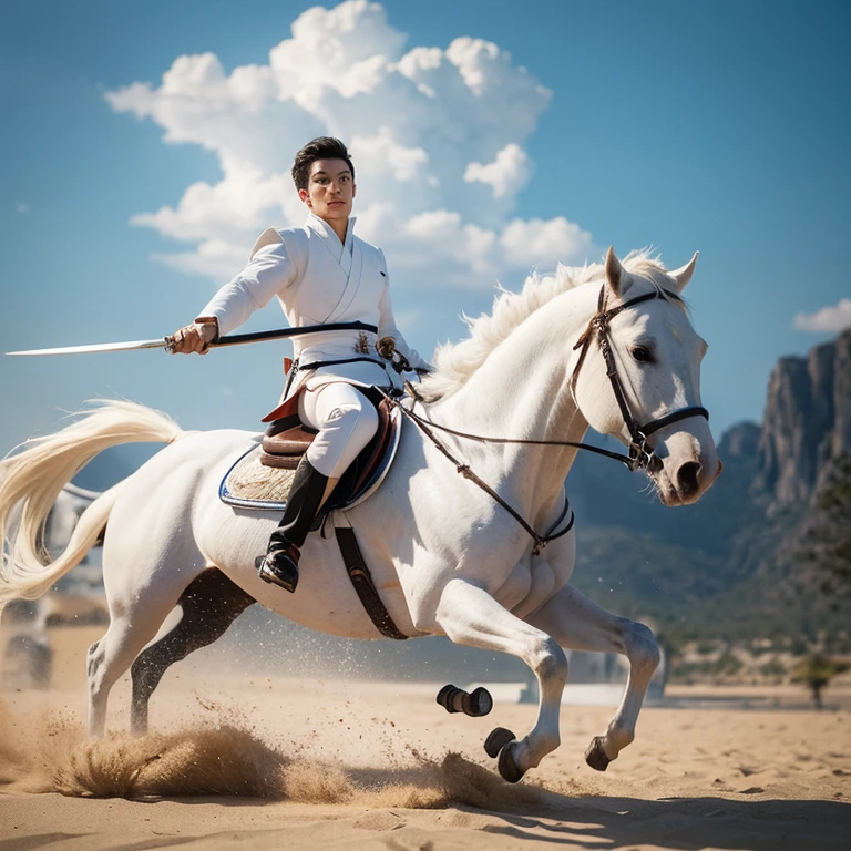 Martial arts，Riding a white horse，The young man in white，male，Asian，Handsome，Charming celebrity face，Knight&#39;s eyes，Sword in hand，Flying sand and rocks