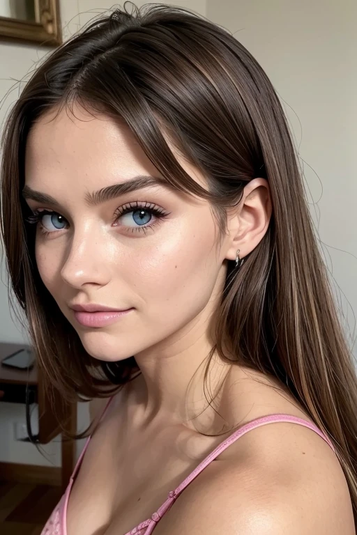 pussy, Belle fille, Marron_eyeeautiful mince adolescente de 18 ans, cheveux color [Brown highlights cheveux], [Pixie undercut] cheveux)), boucles d’oreilles, lèvres, Réaliste, taille étroite, charmant, pink lèvrestick, maquillage coloré, Cils longs, boucles d’oreilles, porter de l’eye-liner, peau claire, (mignon), (face détaillée), Yeux détaillés, Iris détaillé, en nuisette de nuit, pyjama,  {De la tête aux pieds, montrant tout ton corps:1.7}, un sourire