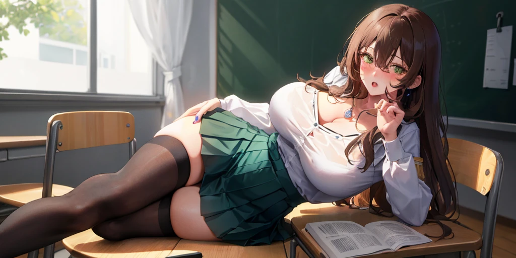 (pose lying on the ground), (blush:1.3), Lisa, genshin impact, 1 girl, alone, ((white shirt)), black Thighhighs, huge breasts, cleavage, uniform, office background, (very short black pleated skirt:1.3), office, hair between eyes, messy hair, large chest, long hair, looking at the viewer, brown hair, red short nails, green eyes, alone, Thighhighs, thick thighs, very long hair, ((masterpiece)), classroom, machine, Chair, board, class board, Teaching, open your mouth a little, I can see through my clothes, Curvaceous, slender body,