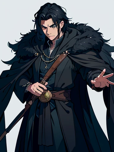 a man, besides cauldron, with dark expression, shoulder-length black hair, wizard's robe, black Extremely long robe, wizard, old English magical castle, Colorful, ultra-high res,4K,ultra-detailed, detailed design, (masterpiece, best quality:1.2), highres