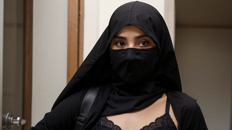 A girl wears the Islamic niqab, but it is very tight on her body