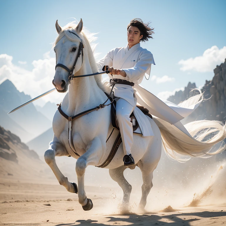 Martial arts，Riding a white horse，The Man in White，male，Asian，Handsome，Charming celebrity face，Knight&#39;s eyes，Sword in hand，Flying sand and rocks，Strong build