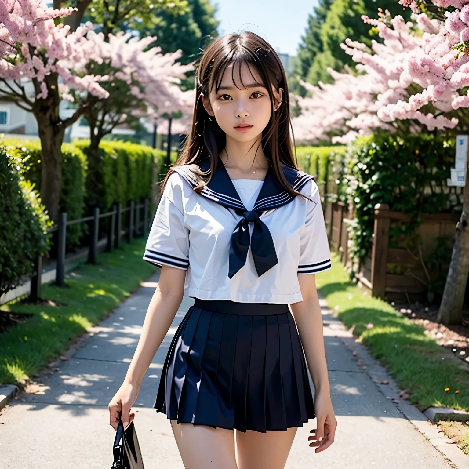 (table top, highest quality:1.2), 8K, official art, full body photo, Full body Esbian、Fasten your tie、looked back、sailor suit、Embarrassing black hair、、small breasts、Happy、incredibly ridiculous, (Upper body, ダークブルーのsailor suit:1.4), beautiful girl, cute face, Big eyes, light brown hair, straight hair, turn back、anxious look、sailor suitを着ている, short sleeve, gardenia, violaces, Ten generations、She is wearing a navy blue pleated skirt.、looking at the viewer, film grain, chromatic aberration, sharp focus, face light, dynamic lighting, cinematic lighting, Eye and face details, Cherry blossom trees background
